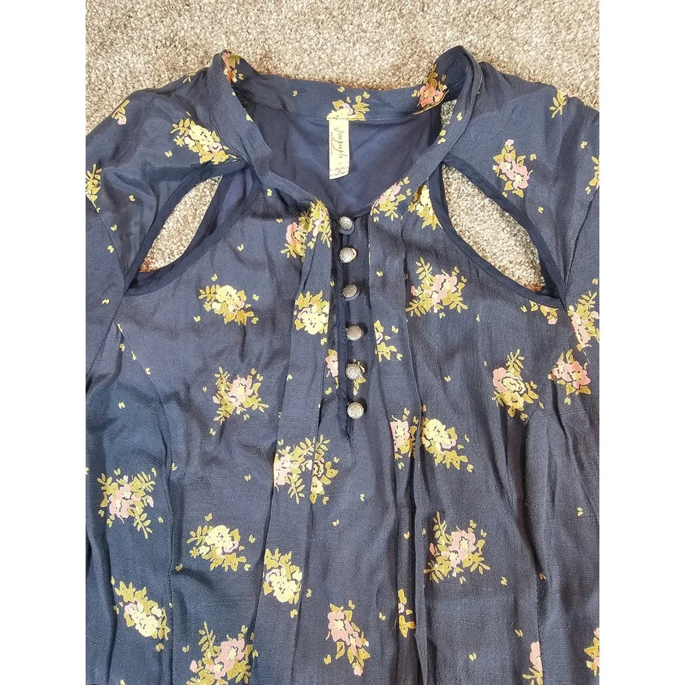 Free People Floral Shoulder Cut Out Mini Dress Navy Blue Long Sleeve Size 8